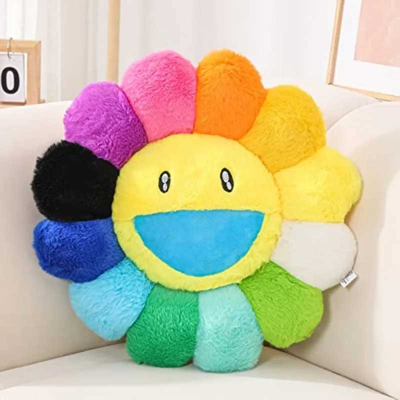 Cozy Sunflower Plush Cushion Cute Flower Face Stuffed Cushion Colorful Rainbow Floor Pillow Sofa Decorative Bedroom AccessoriesXJ250102