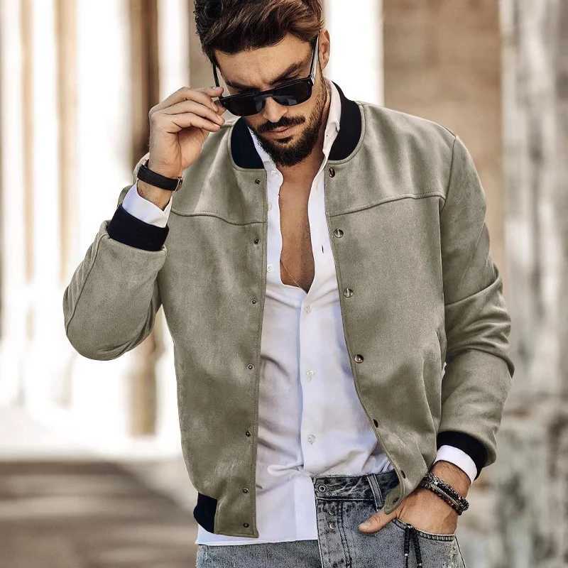 Mens suede jacket with stand up collar button up cardigan American jacket casual fashion spring and autumn W250103