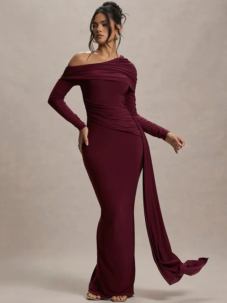 Mozision Skew Collar Long Sleeve Sexy Maxi Dress For Women Gown Fashion Backless Draped Ruched Bodycon Club Elegant 250102