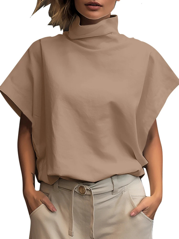 Womens Fashion OL Work Shirt ZANZEA Summer Elegant Turtle Neck Short Sleeve Shirt Casual Loose Office Top Party Blue 250102