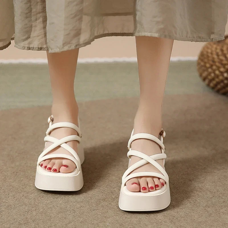 Open Toe Women Sandals Summer Fashion Narrow Band Dress Shoes Platform Wedges Heel Ladies Ankle Strap Gladiator Sandalias 250102