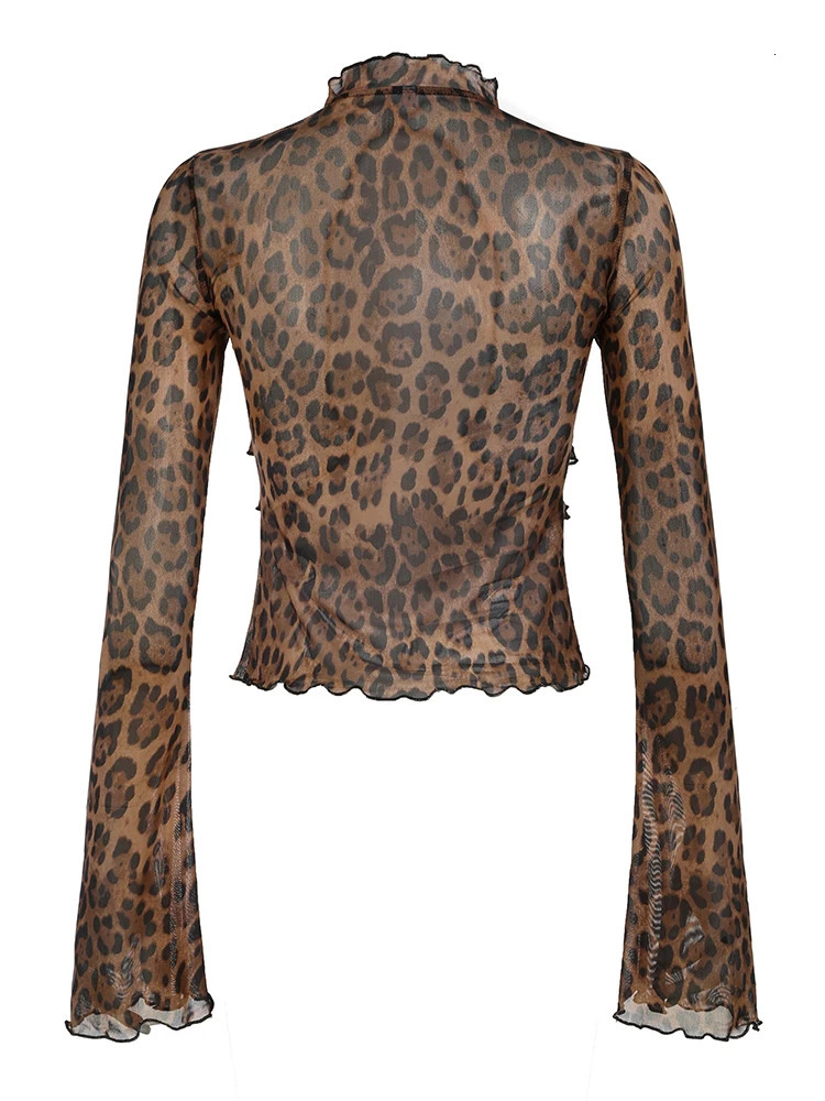 Leopard Print lace top for women semi transparent mesh elegant fashionable and sexy with a lapel and ruffled edge cardigan top 250102