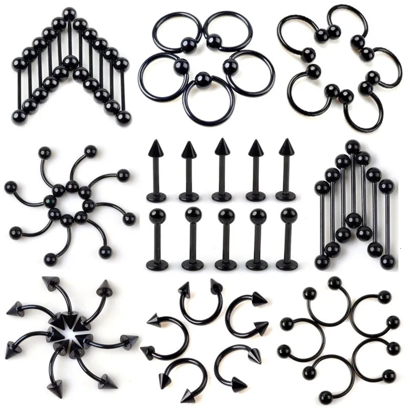 50/95Pcs Black Stainless Steel Eyebrow Navel Belly Lip Labret Tongue Nose Ring Ear Tragus Piercing Barbell Tunnel Body Jewely 250103