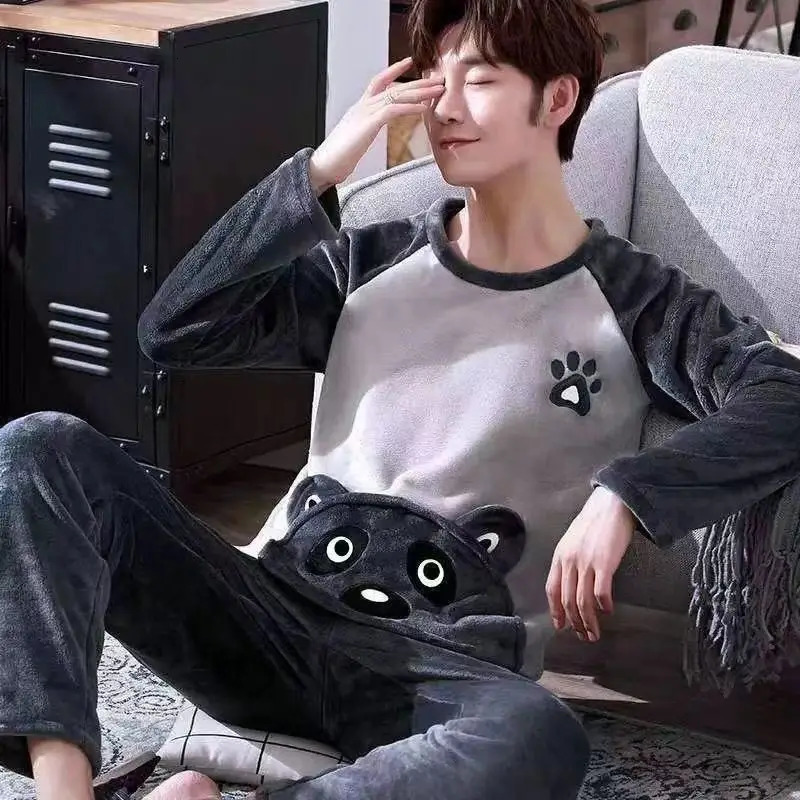 Winter Long Sleeve Thick Warm Flannel Pajama Sets for Men Coral Velvet Cute Cartoon Sleepwear Suit Pyjamas Homewear Clothes 250103