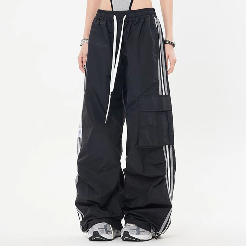 Y2K Kpop cargo pants womens drawstring pocket wide leg fashionable punk pants bag striped sports pants parachute jogging Trouser 250102