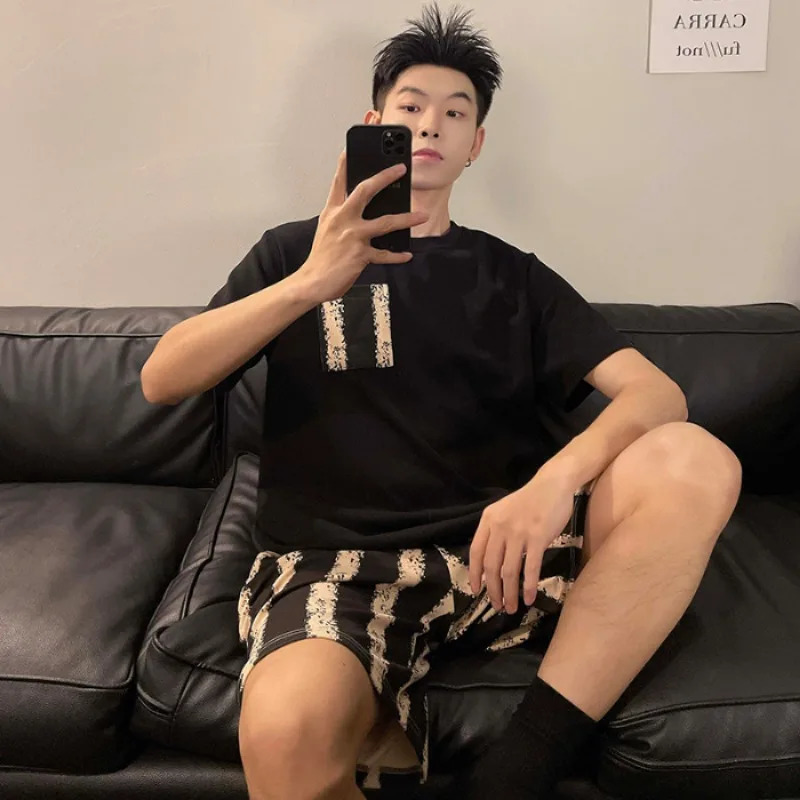 HighQuality Cotton Large Size Men Pajamas ONeck Youth Student Nightwear Homewear Simple Letters Striped Sleepwear Loungewear 250103