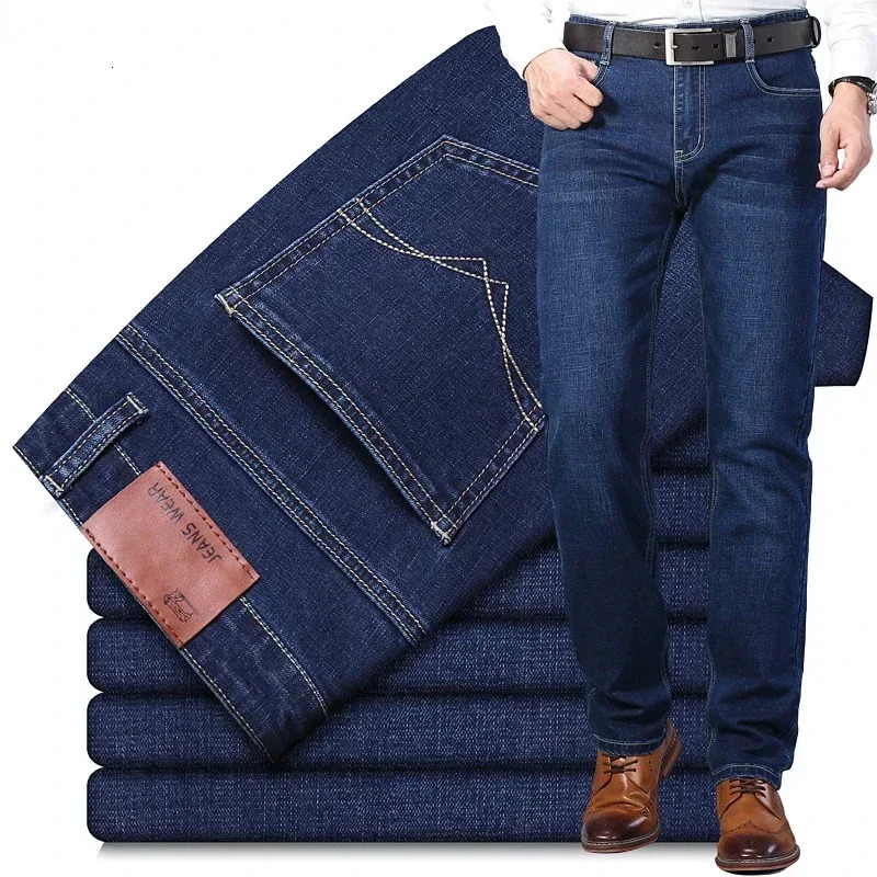 Fashion European American Style Stretch Men Jeans Mens Denim Pants Slim Straight Deep Blue Gentleman Size 28-38 Slacks 241230