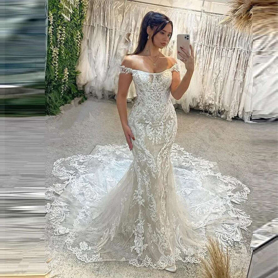 Boho Lace Mermaid Wedding Dresses Chapel Train Off The Shoulder Sexy Beach Bridal Gowns Sleeeless Bohemian Bride Formal Wear 2024 Vestido De Novia