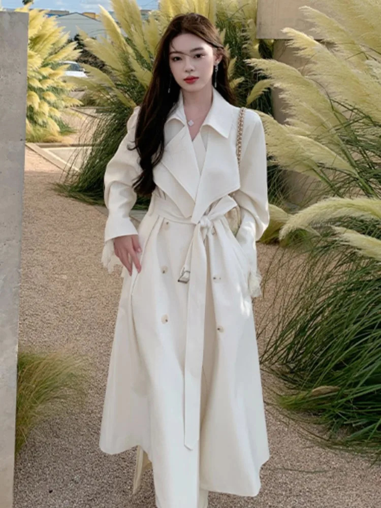 Streetwear Loose Trench Coat Midi Length Double Breasted Fashion Korean Elegant Solid Womens Windbreaker Coat Casual Autumn 241224