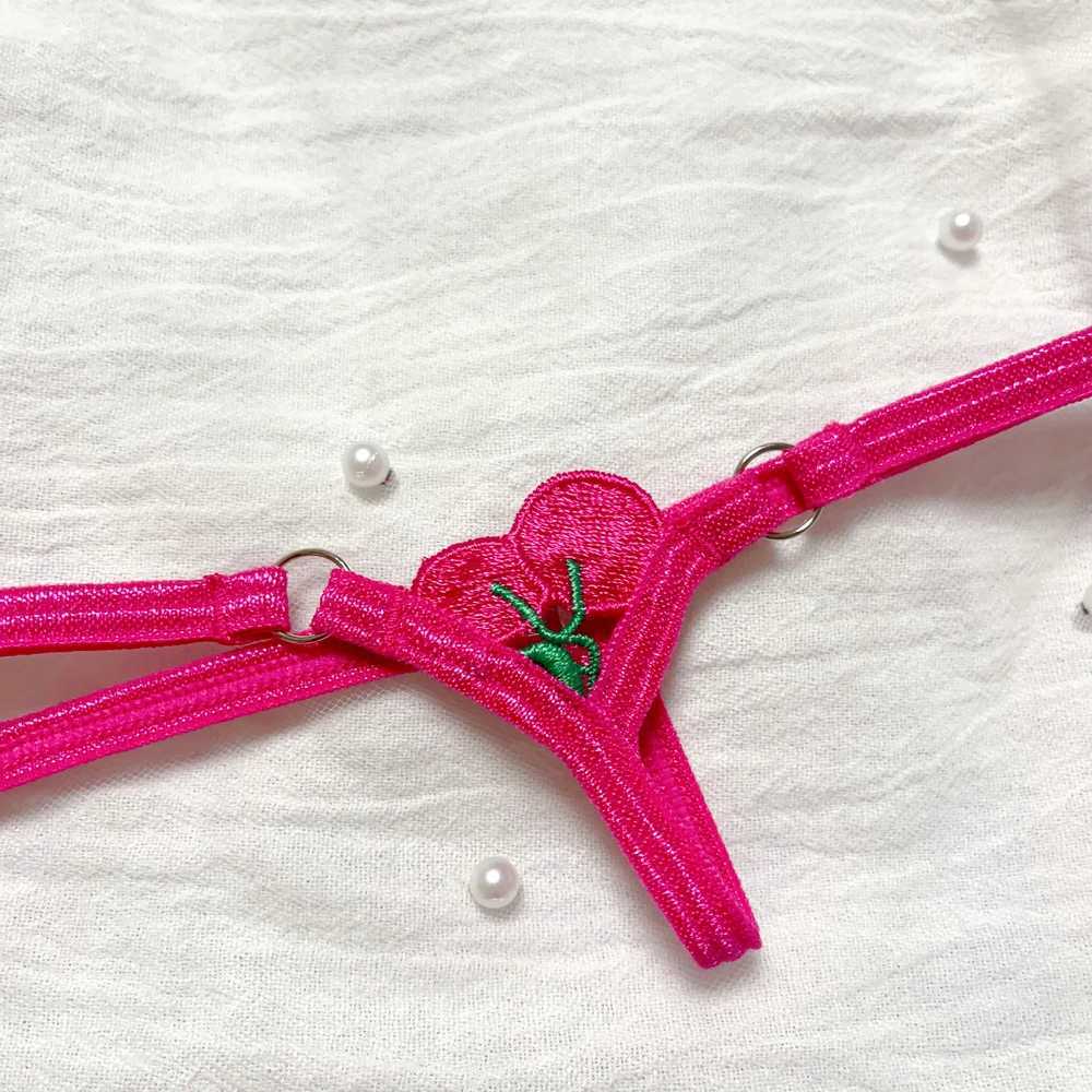 Extra Mini Female Tback Crotchless Sexy Thong Hot Pink Cherries G-String Shorts Crotch Depth Sexy Erotic Women UnderpantsXJ250103