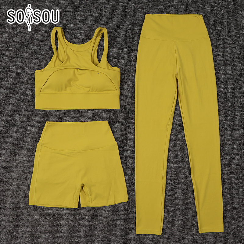 SOISOU Nylon Womens Clothing Gym Yoga Set Fiess Sportswear Sports Suit Bra Leggings Women's Pants Shorts Elastic Tight Fit