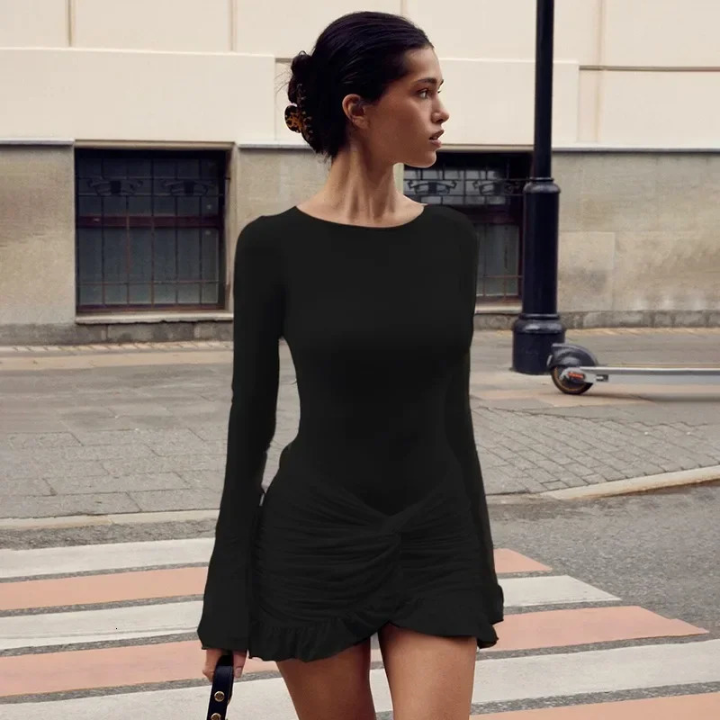 Autumn Knitted Mini Dress For Women Fungus Contrast Color Slim Sweater Dress Elegant Female Party Clothes Long Sleeve 250102