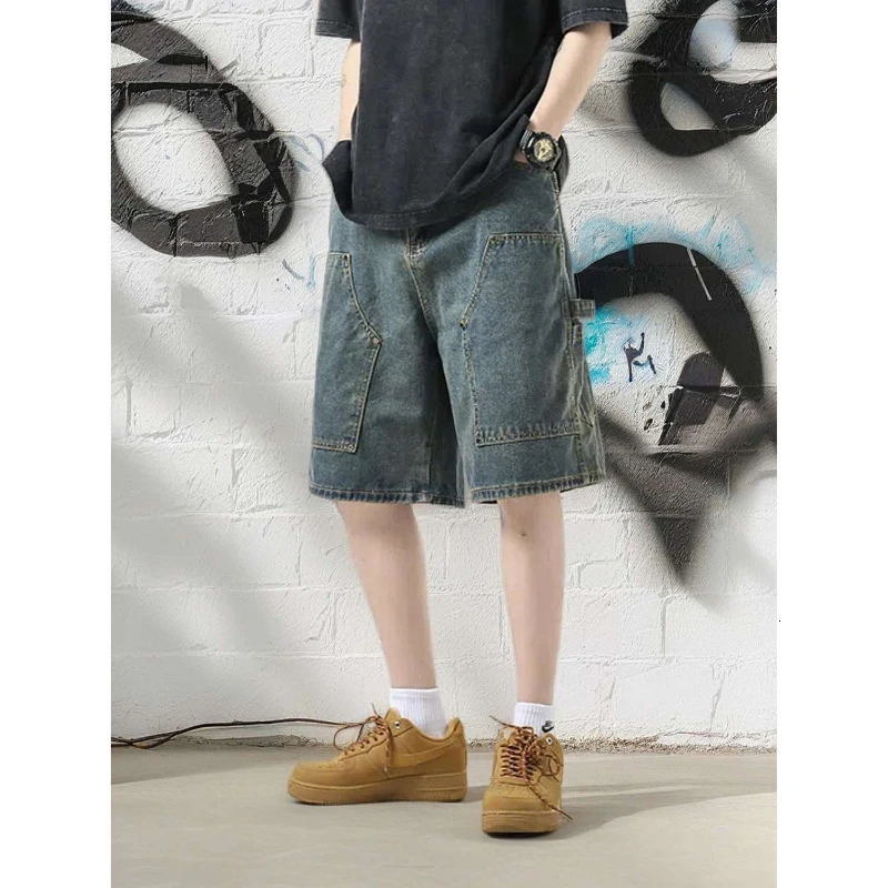 Mens denim shorts summer thin retro American street fashion loose straight casual wash knee long jeans 241230