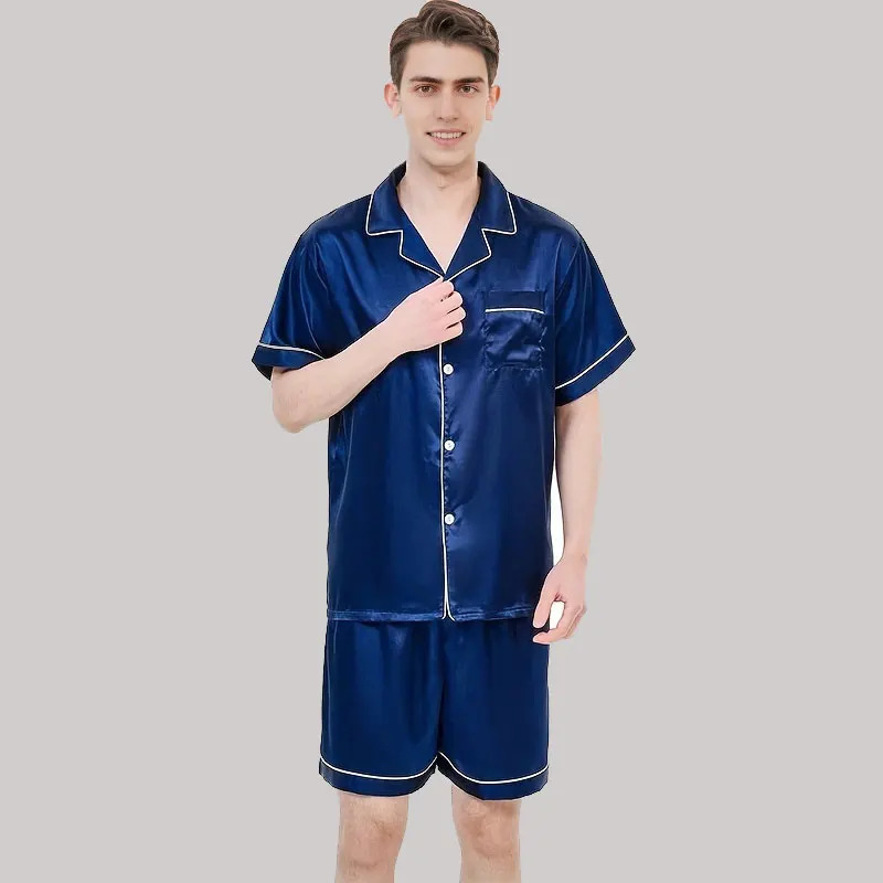 Mens Sleepwear Pajama Sets Men Summer Ice Silk Cardigan ShortSleeved Shorts Senior Sense Of Solid Colour Pajamas Homewear 250103