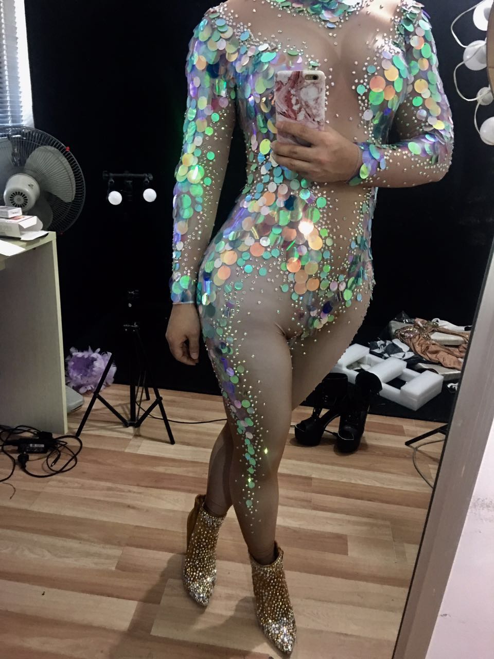 Multicolor Big Sequins Mermaid Bodysuit Nightclub Dress Sexy Leggings Jumpsuit Party Costume Stage Rhinestones Nude Rompers