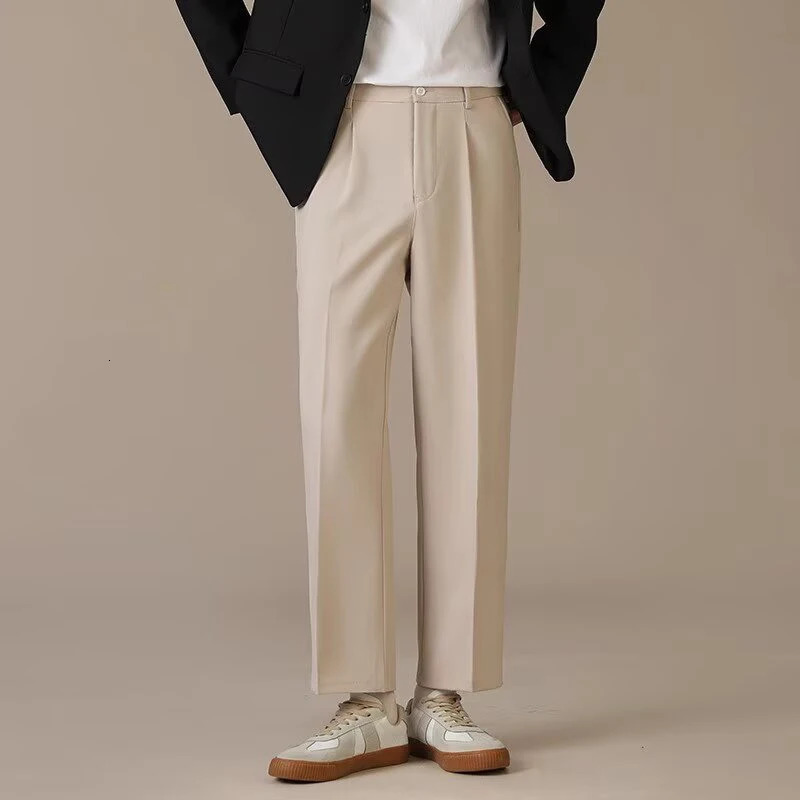 2024 Men Classic Daily Work Wear Suit Pants Youth Ankle Length Cropped Trousers Baggy Concise Casual Blazer Pants Male 250103
