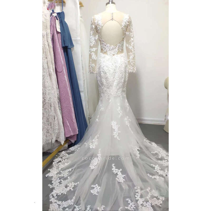 New Lace Mermaid Dress Sheer Long Sleeves Scoop Neck Tulle Applique Backless Bride Dresses Sweep Train Elegant Wedding Bridal Gowns Bc12722