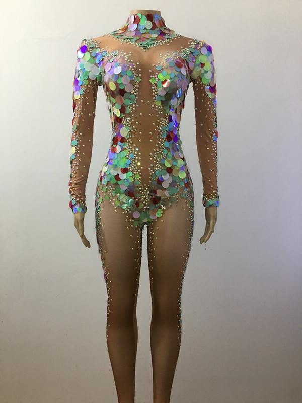 Multicolor Big Sequins Mermaid Bodysuit Nightclub Dress Sexy Leggings Jumpsuit Party Costume Stage Rhinestones Nude Rompers