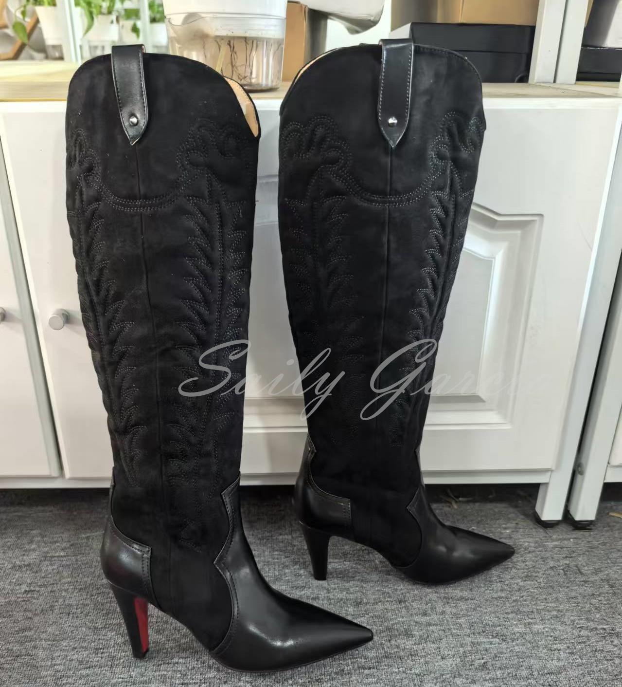 Brown Suede Crystal Beaded Knee High Boot Women Pointy Toe Embroidery Stiletto Heel Slip On Designer Brand Winter Trendy Booties