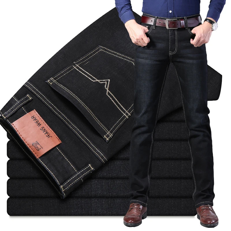 Classic Style Men Jeans Business Casual Straight Stretch Slim Denim Pants Light Blue Black Trousers Male Size 28-40 241230