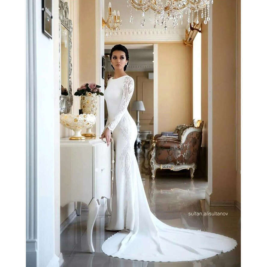 O Neck Lace Sheath Bohemia Dresses Long Sleeves Satin Applique Plus Size Modest Arabic Wedding Bridal Gowns Bc2685