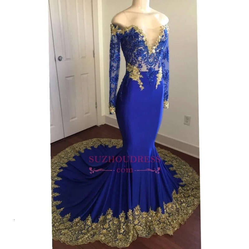 Shoulder Off Royal Blue Prom Dresses Sexy Sleeves Lace Appliqued Mermaid Evening Gown Long Formal Party Bridesmaid Dress Ba 0107