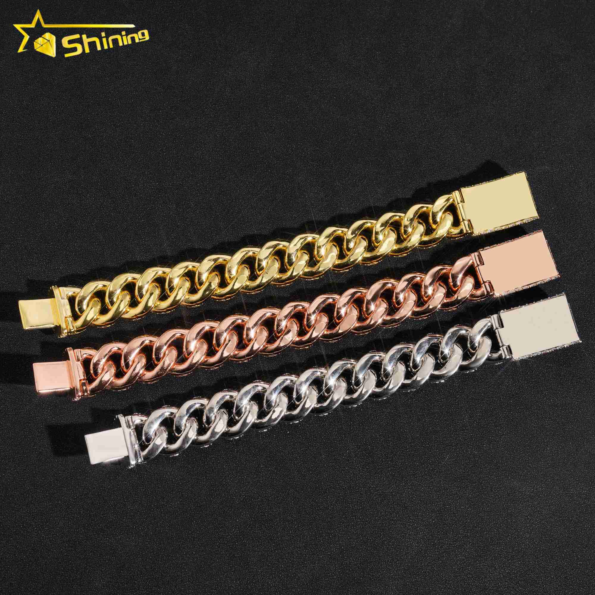 Hip hop iced out 925 silver 20mm solid heavy miami moissanite bracelet men gold plated cuban link chain
