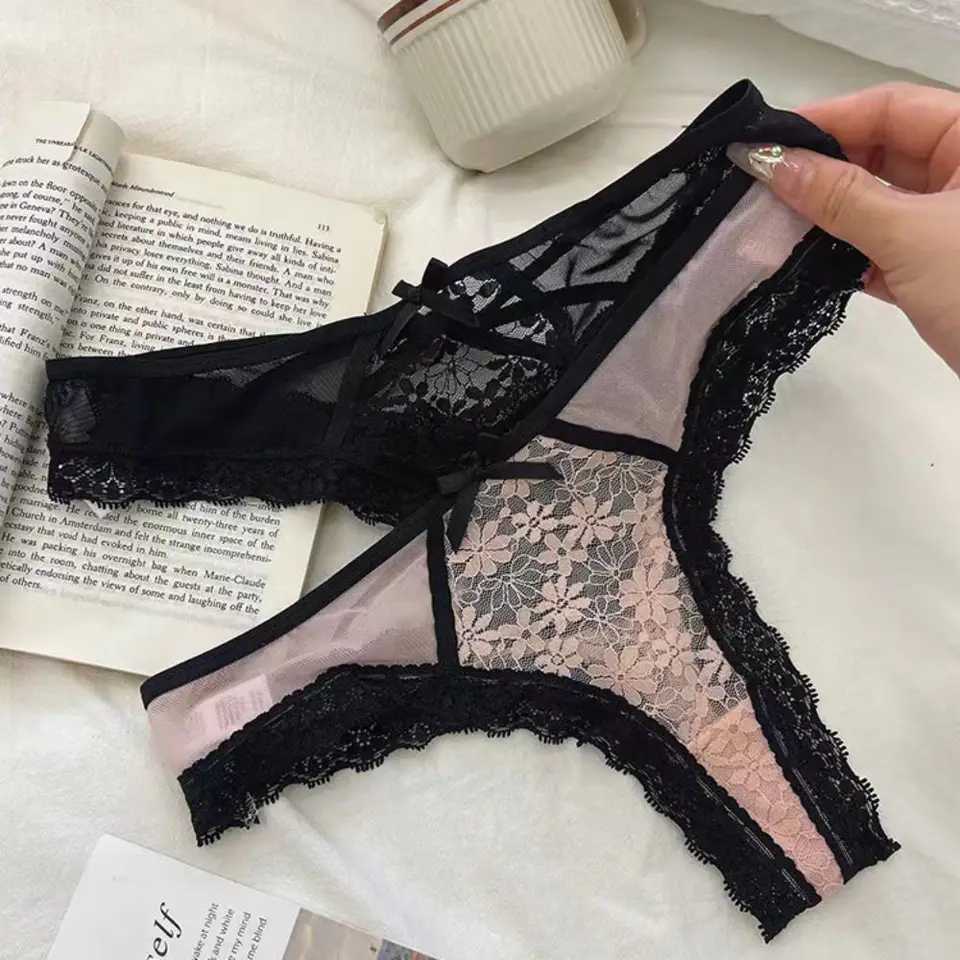 Breathable Patch Work Network Flower Bow Underwear Ruffle thong Lace Transparent Fabric Low Waist Hollow Women W250103