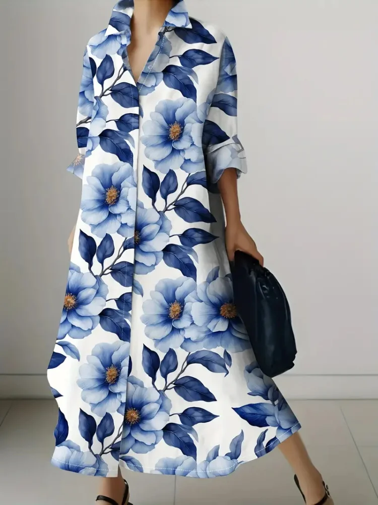 Fresh Autumn And Winter Flower Print Lapel Long Blouse Long Skirt 2024 Harajuku Street Temperament Long-sleeved Dress