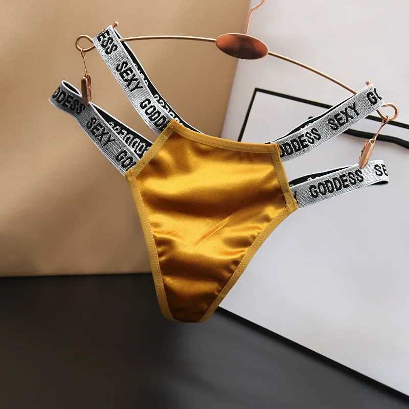 Womens silky smooth hollow underwear fashionable solid color cotton low waist letters sexy satin thong for fun girls W250103
