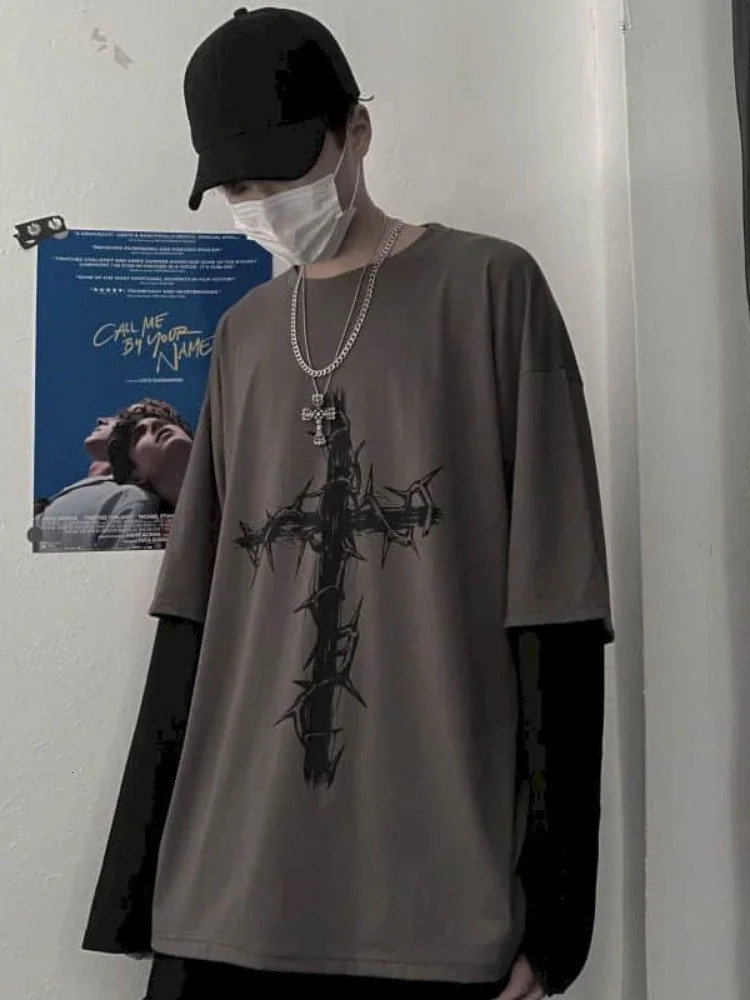 Mens summer cross shoulder bag mens T-shirt long sleeved dark hip-hop mens oversized T-shirt Y2k T-shirt top 250102