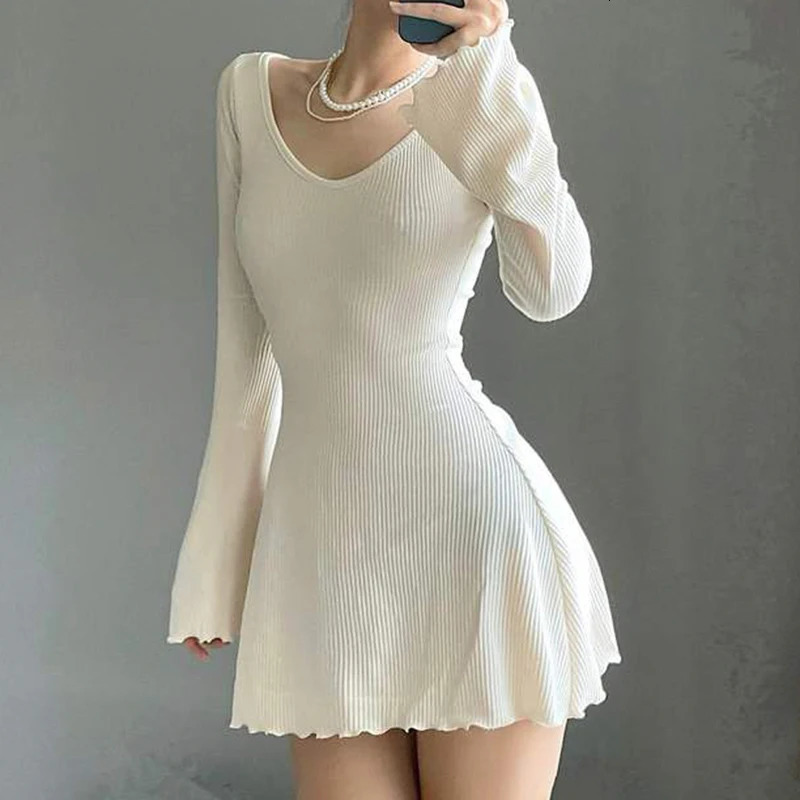 Knitting Elegant Dress For Women Spring Fall Solid Color V Neck Office Lady Irregular Hem Simple Basic Slim Dresses 250102