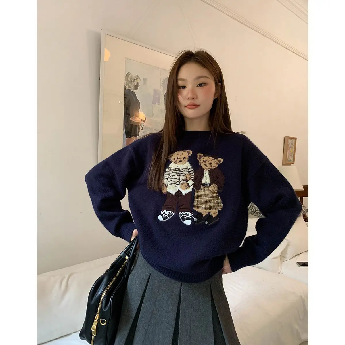 Fashion Lovely Women Cartoon Jacquard Sweater Loose Retro Jumper Winter Autumn Cute Bear Pattern Sweaters Pullover Korean Trendy 241227