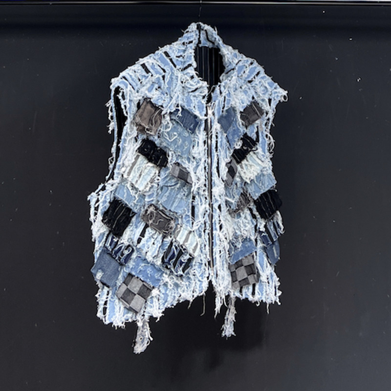 PFHQ Multi Pocket Design Short Denim Vest Zipper Sleeveless Shoulder Contrast Color New Fashion Male Tops 21Z5335