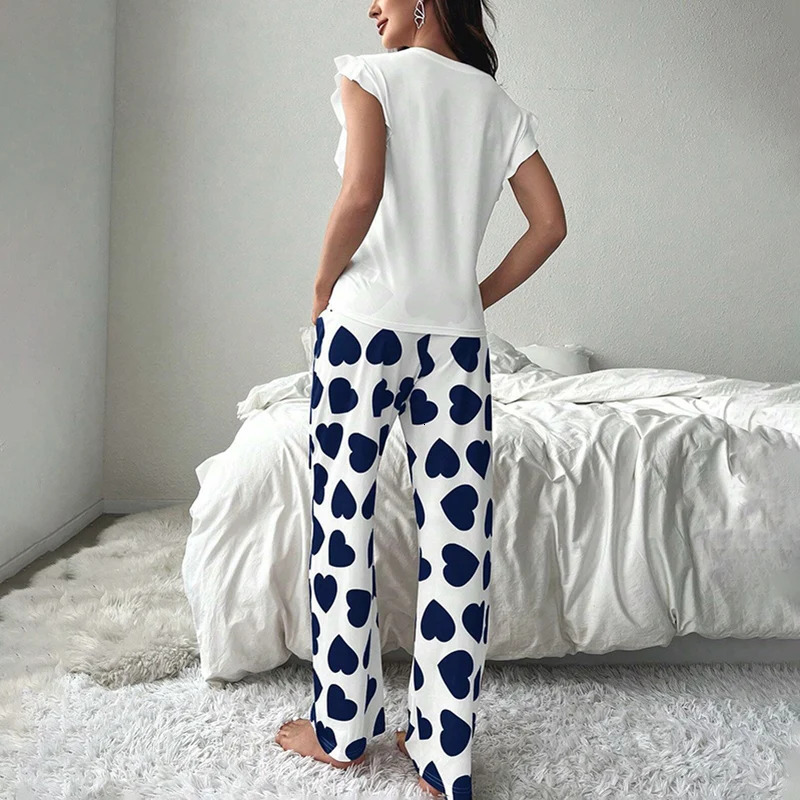 Heart Letter Printed Womens Pajama Pj Set Soft Short Sleeve Tops Elastic Waist Pants Pyjama Pijama Femme Casual Home Clothes 250103