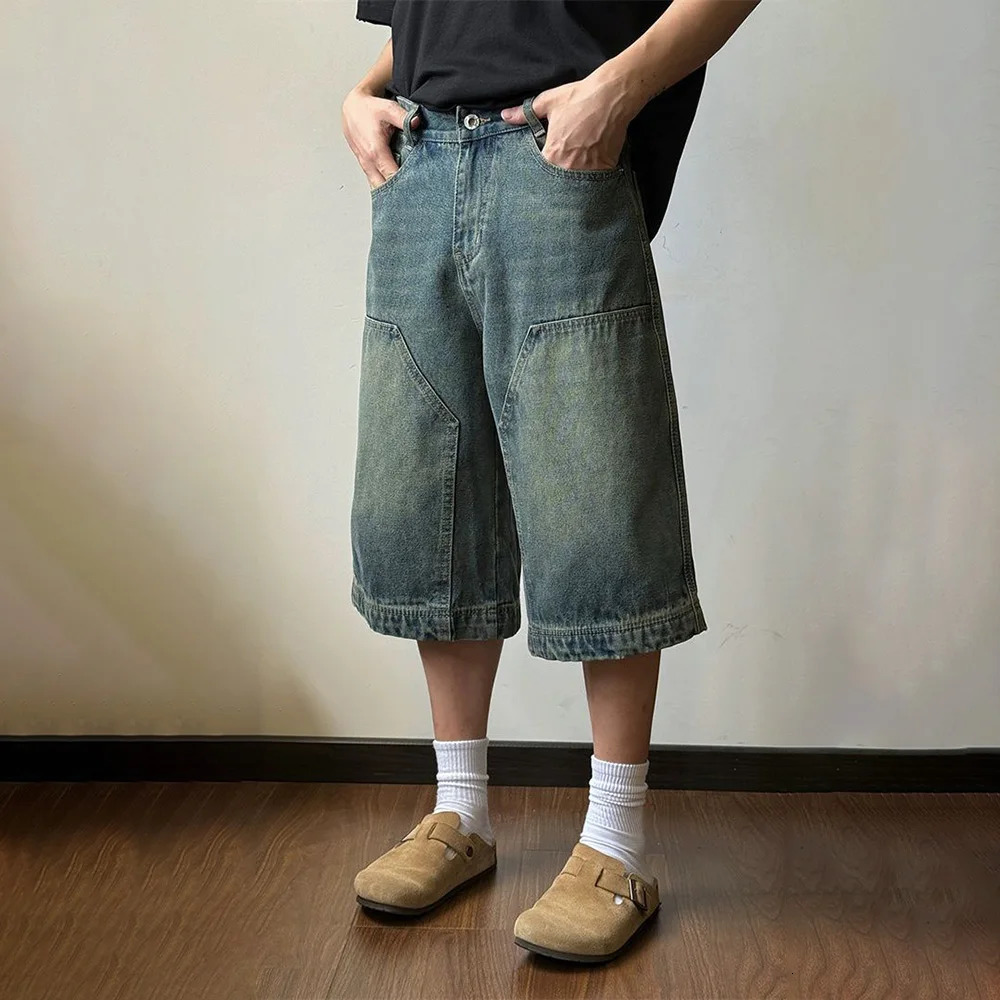 Mens shorts washed high street pocket jeans summer wear resistant American wide leg pants mens clothing unisex 241230