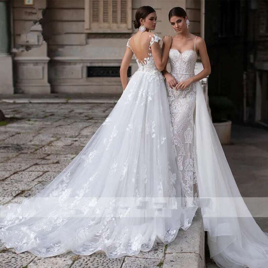 Lace Mermaid Dresses With Detachable Train 2020 Sheer Cap Sleeves Appliques Vestido De Novia Plus Size Wedding Bridal Gowns