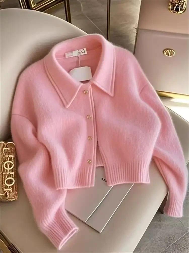 Women's Knits Pink Sweet Fur Jacket For Women Sweater Cropped Cardigan Sueter Mujer Winter Coat Luxury High-end Commute Polo Shirt