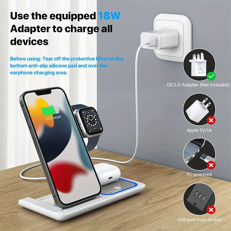 15W LED Fast Wireless Charger 3 in 1 Foldable Charging Station For iPhone 16 15 14 13 12 11 Apple Watch 9 8 7 6 5 Airpods 3 4 Pro 2 With Retail Box