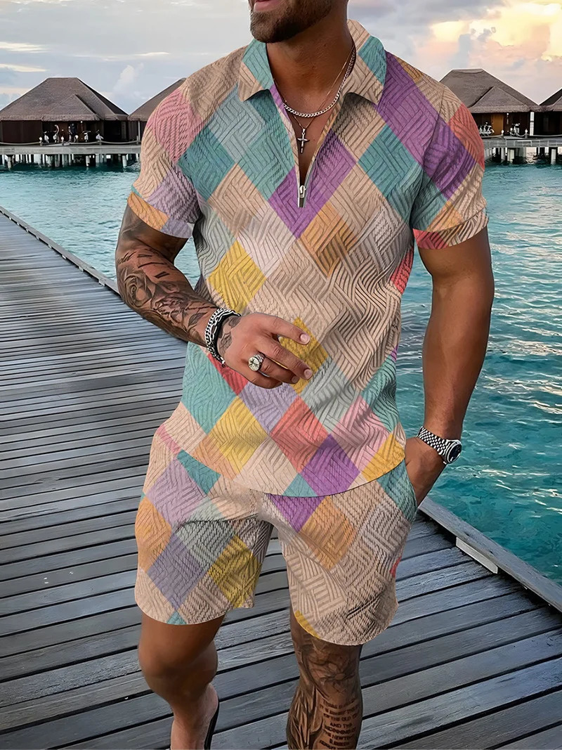 Summer Fashion Mens Sweatsuit set Colored Patches 3D Print Casual Zipper Polo Shirt Shorts 2pcs Sets Oversized Tracksuit Sets 250102