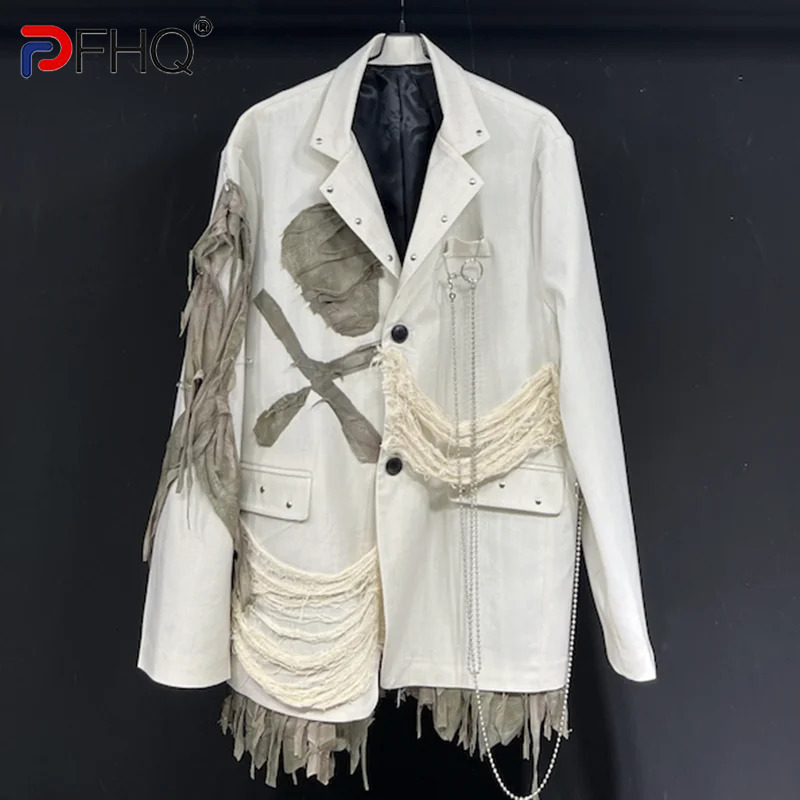 PFHQ Men's Fake 2-Piece Patchwork Blazers Handsome Solid Color Single Breasted Worn Out Chain Design Suit Jackets Summer 21Z4541