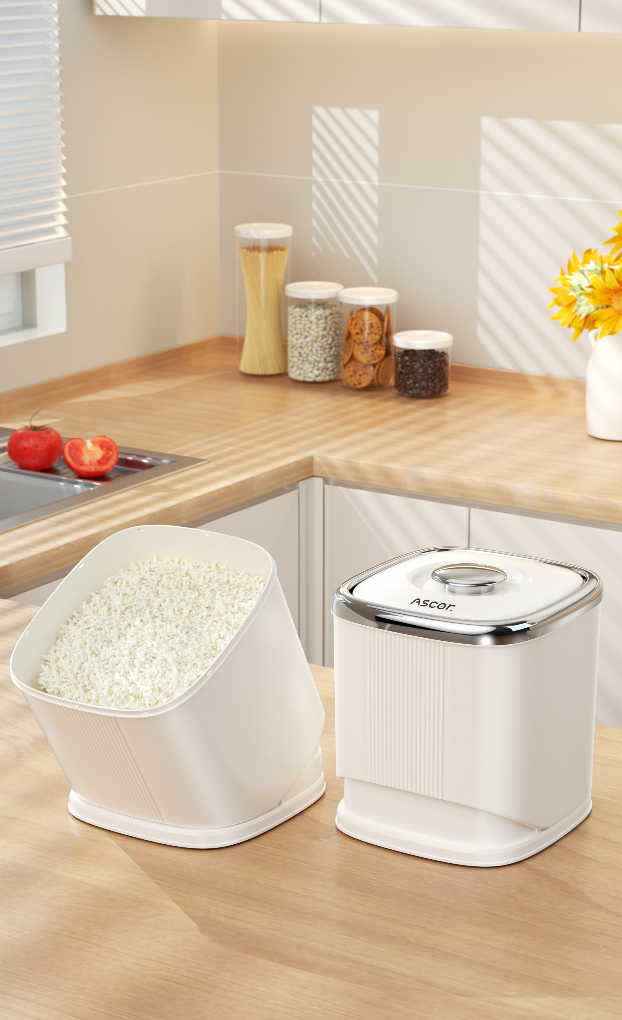 Adjustable Tilting Rice Bucket - Secure Storage & Efficient Scooping at 45°-65° Angle