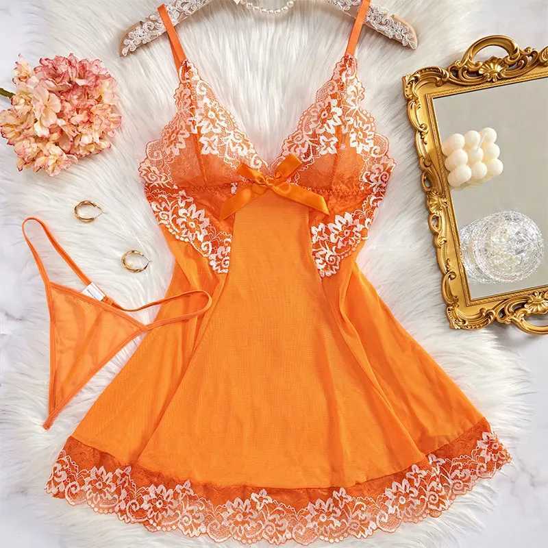 Sexy evening gown womens suspender sleepwear elegant clothing embroidered dress bright color sleepwear set with thong baby doll W250103