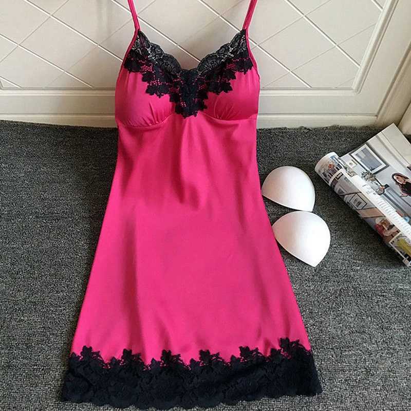 Womens sexy lingerie summer silk evening dress lace patch work mini evening dress spaghetti strap sleepwear womens strap chest pad W250103