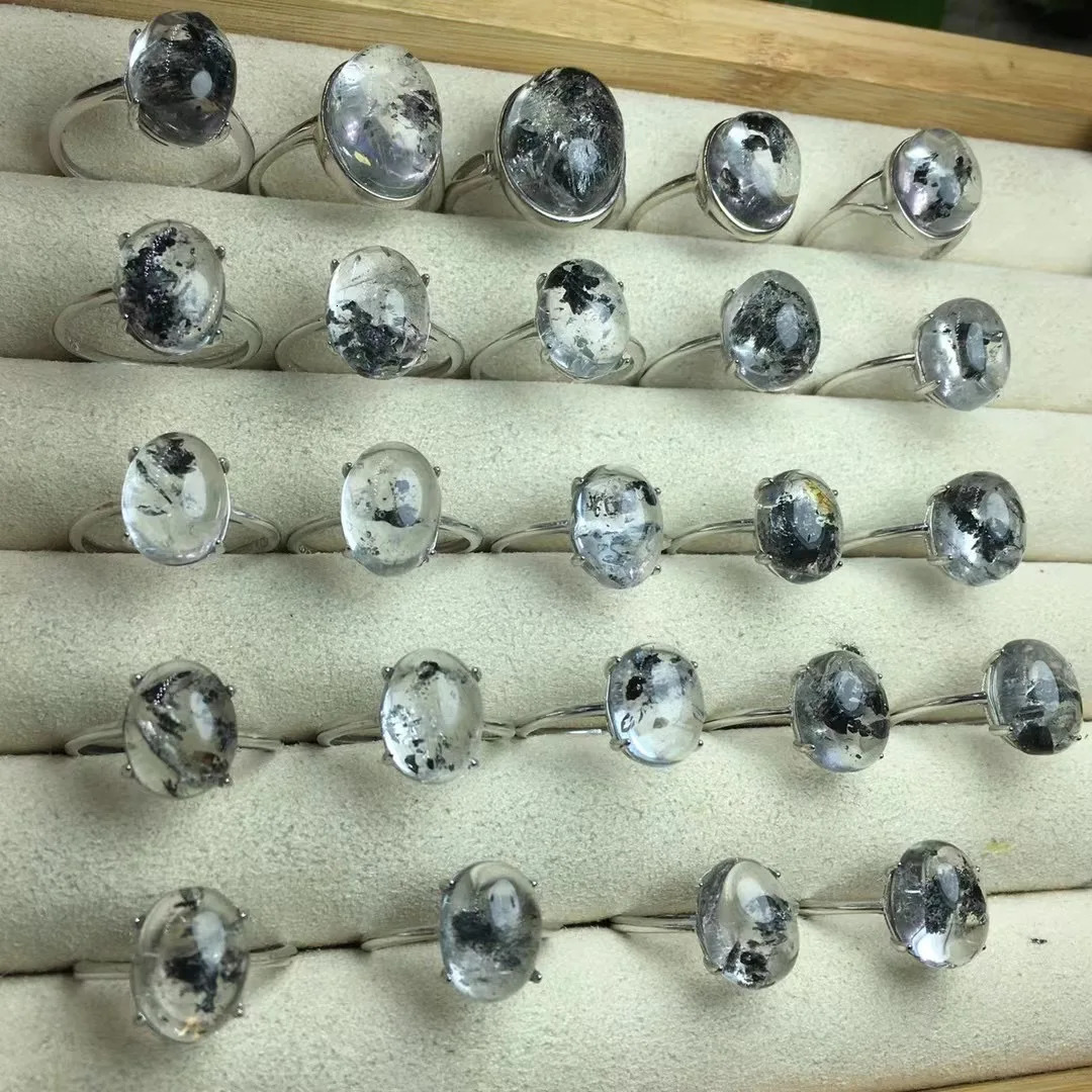 1 piece of Fengbaowu natural Herkimer diamond ring oval Cabochon 925 sterling silver crystal therapeutic stone jewelry 250102