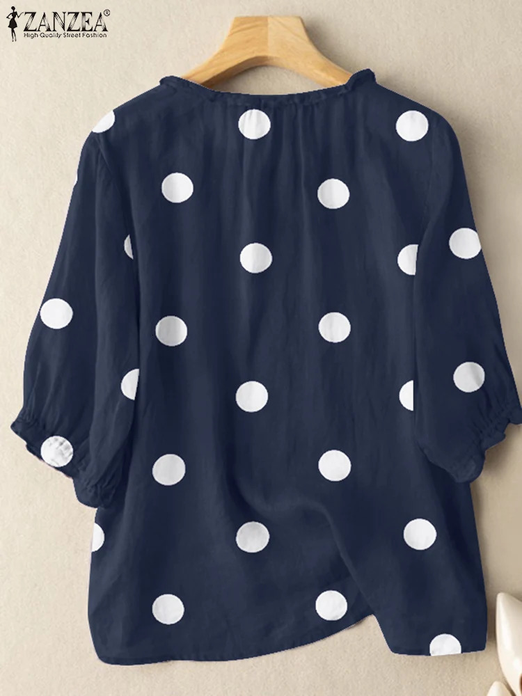 ZANZEA Summer Polka Dot Printed Shirt Elegant Womens Shirt Casual Ruffle Party Holiday Blue 3/4 Sleeve Bohemian Tuned Top 250102
