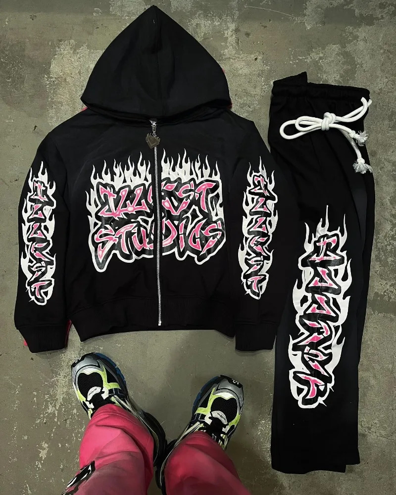 American Gothic Trend Gothic Letter Printing Oversized Sweatshirt Set Mens Fashion Casual Loose Pants Zipper Sweatshirt 250102