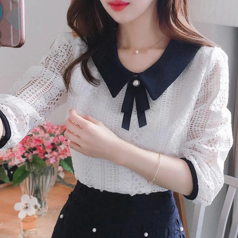 Womens Spring and Autumn Style Lace Shirt Womens Peter Pan Necklace Solid Color Half Sleeve Elegant Lace Top SP8676 250102