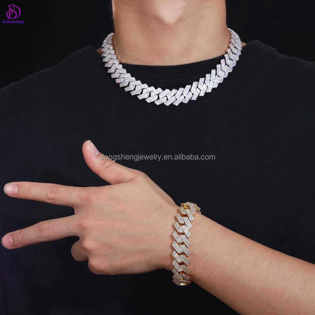 Pass Diamond Tester 925 Silver Fashion jewelry Hip Hop Necklaces 14/15/16mm 3Rows VVS Moissanite Diamond Cuban Link Chain