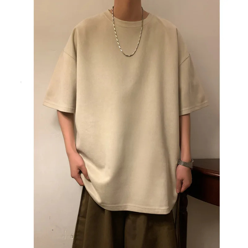Suede T-shirt Men Oversized Fashion Solid Color Retro T Shirt Men Streetwear Summer Loose Short Sleeved T-shirt Mens Top M-3XL 250102